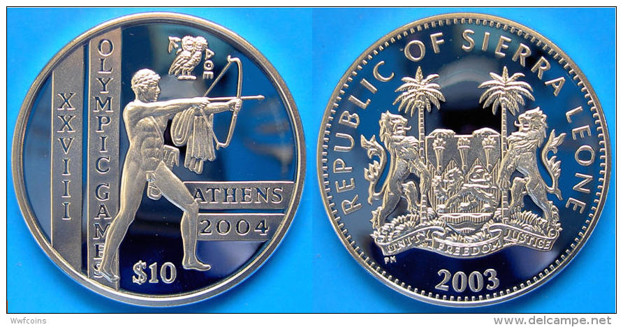 SIERRA LEONE 10 $ 2003 ARGENTO PROOF ATHENE 2004 OLYMPIC GAMES 2004 ANCIENT ARCHER PESO 28,28g TITOLO 0,925 CONSERVAZION - Sierra Leone