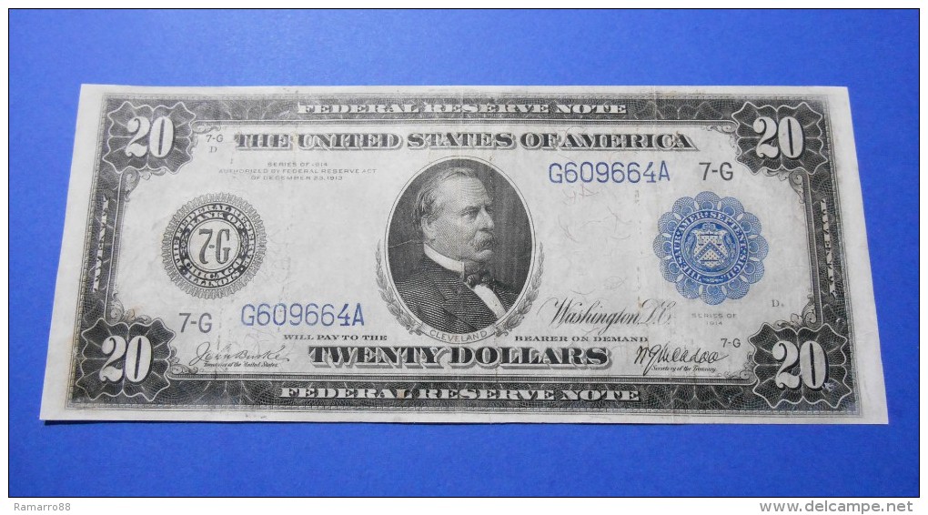 USA 20 $ Dollars 1914 Grover Cleveland P361b Blue Seal Bank Of Chicago VF - Bilglietti Della Riserva Federale (1914-1918)