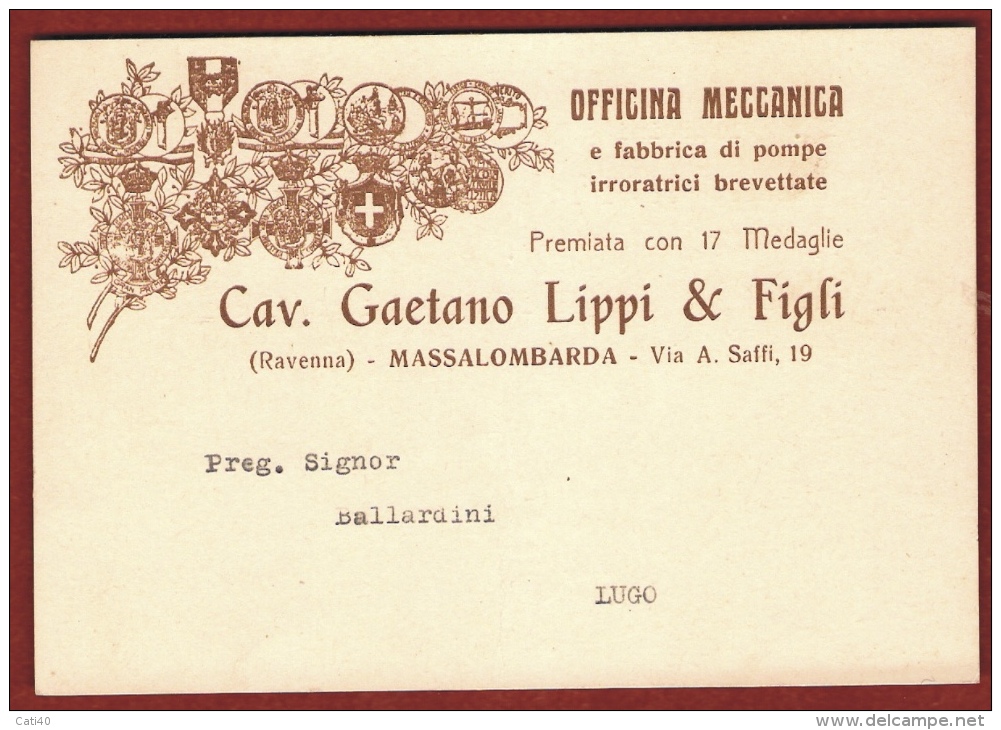 MASSALOMBARDA  CARTOLINA PUBBLICITARIA : CAV. GAETANO LIPPI & FIGLI - POMPE IRRORATRICI - Marchés