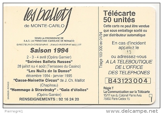 CARTE-PUBLIC-MONACO-50U-MF29-GEM A-04/94-BALLETS De MONTE CARLO-V°2é Logo-UTILISE-BE - Monace