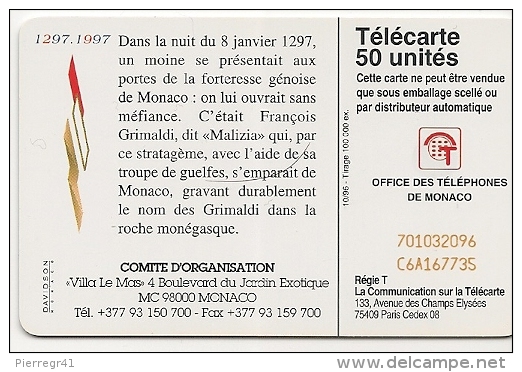 CARTE-PUBLIC-MONACO-50U-MF43-SC7-10/96-700ANS Des GRILMADI-V°DN° CA6A167735-N°Etroit-UTILISE-TBE - Monace