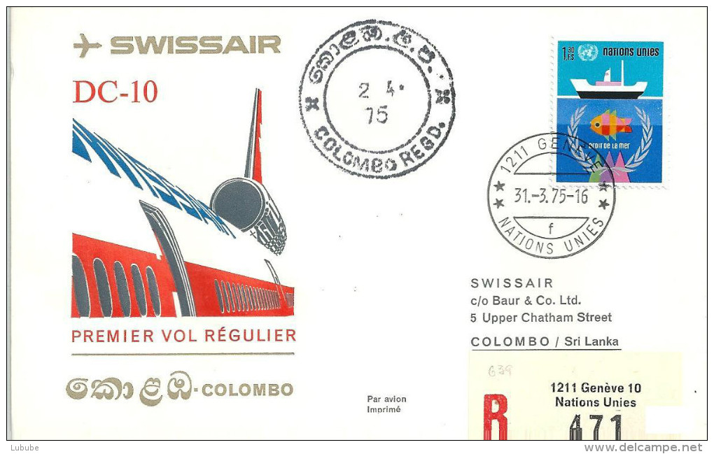 Luftpost  "Swissair - DC-10 - Genève - Colombo"  (UN-Frankatur)              1975 - Primeros Vuelos