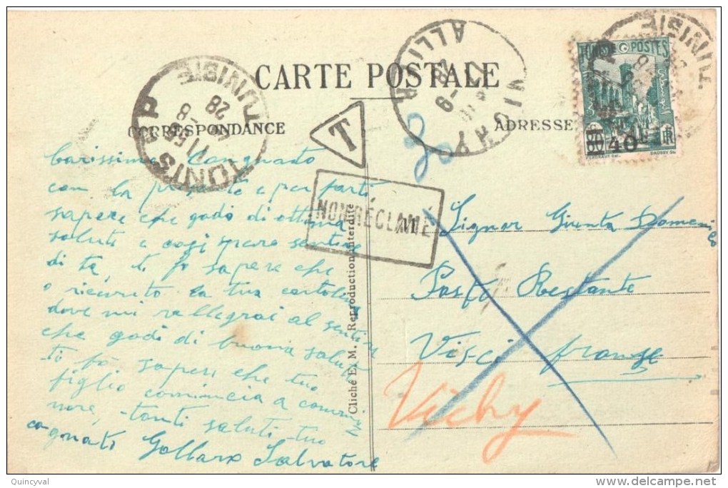 2628 VICHY Allier Carte Postale En Poste Restante De Tunis TUNISIE Griffe Non Reclamé Taxe 30 Tunisie Ob 17 9 28 Yv 157 - Lettres & Documents