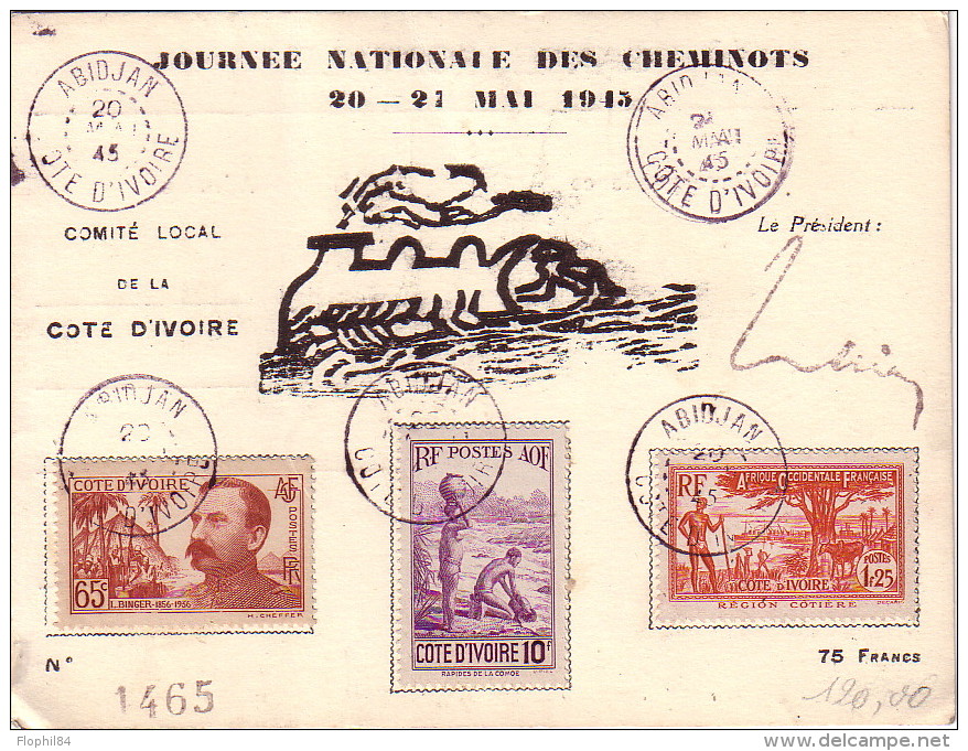 COTE D'IVOIRE - ABIDJAN - JOURNEE NATIONALE DES CHEMINOTS 20-21 MAI 1945 - AVEC SIGNATURE DU PRESIDENT. - Cartas & Documentos