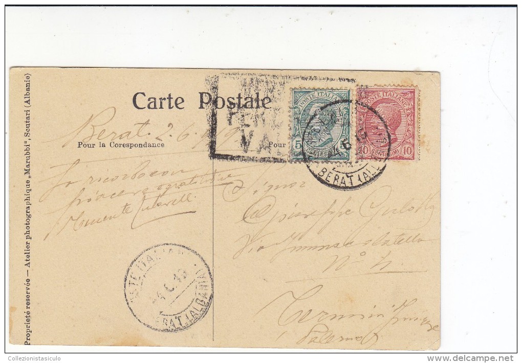 3-4067- Albania - Annullo Berat (Albania) Poste Italiane 4/6/19 + V.p.censura Valona Su Cartolina - Albania