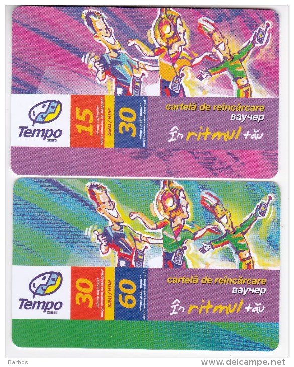 Moldova  , Voxtell , 2001 , Tempo In Ritmul Tau , 15/30 + 30/60 Minuts ; 2 Prepaids , Used - Telecom Operators