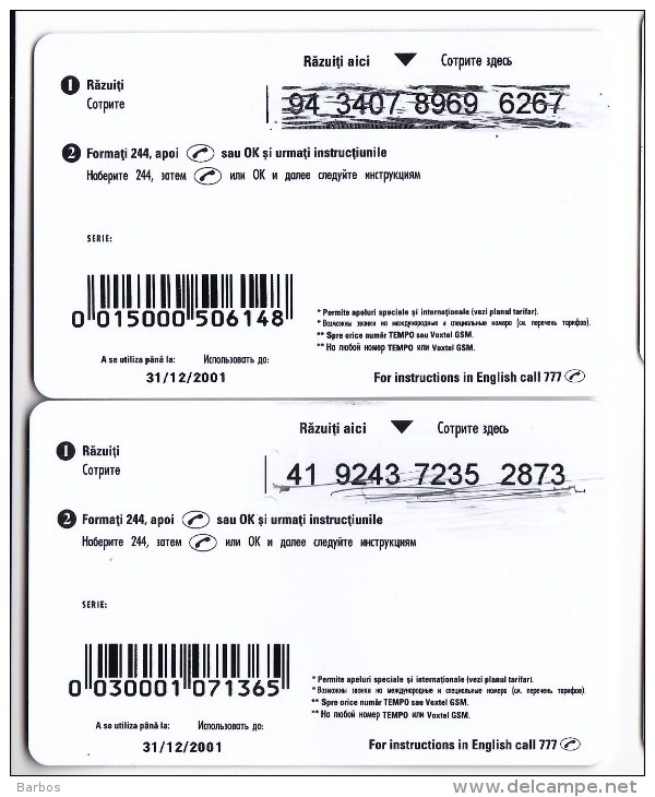 Moldova  , Voxtell , 2001 , Tempo In Ritmul Tau , 15/30 + 30/60 Minuts ; 2 Prepaids , Used - Telecom Operators