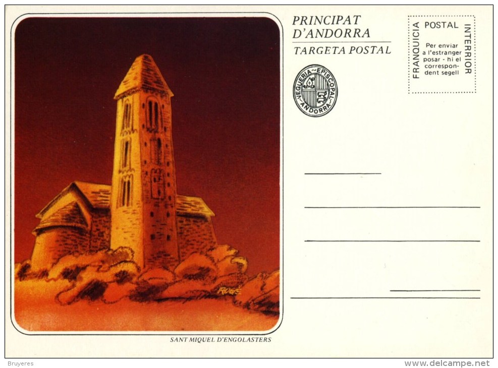 Entier Postal Sur CP Avec Illust. "Sant Miquel D'Engolasters" - Episcopale Vignetten
