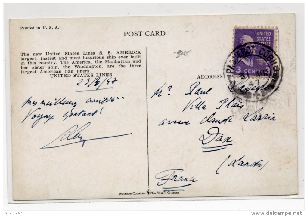 1947 - CP USA Pour DAN (LANDES) Avec CACHET PAQUEBOT COBH - POSTE MARITIME - Storia Postale