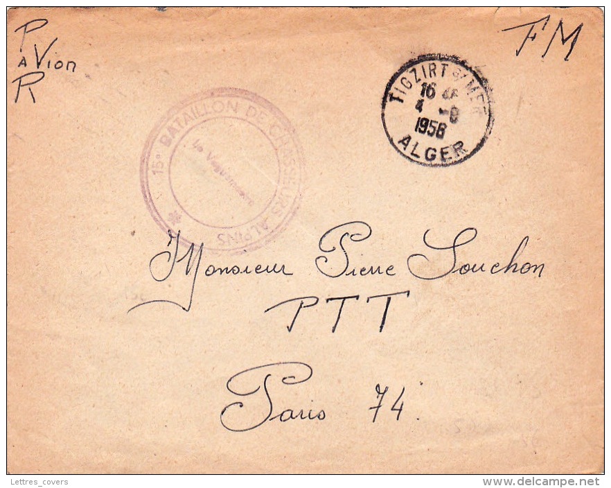 Franchise " 15è BATAILLON DE CHASSEURS ALPINS " + CàD TIGZIRT S/MER 4/9/56 ALGER " Sur Lettre FM  - BCA Algérie - Covers & Documents