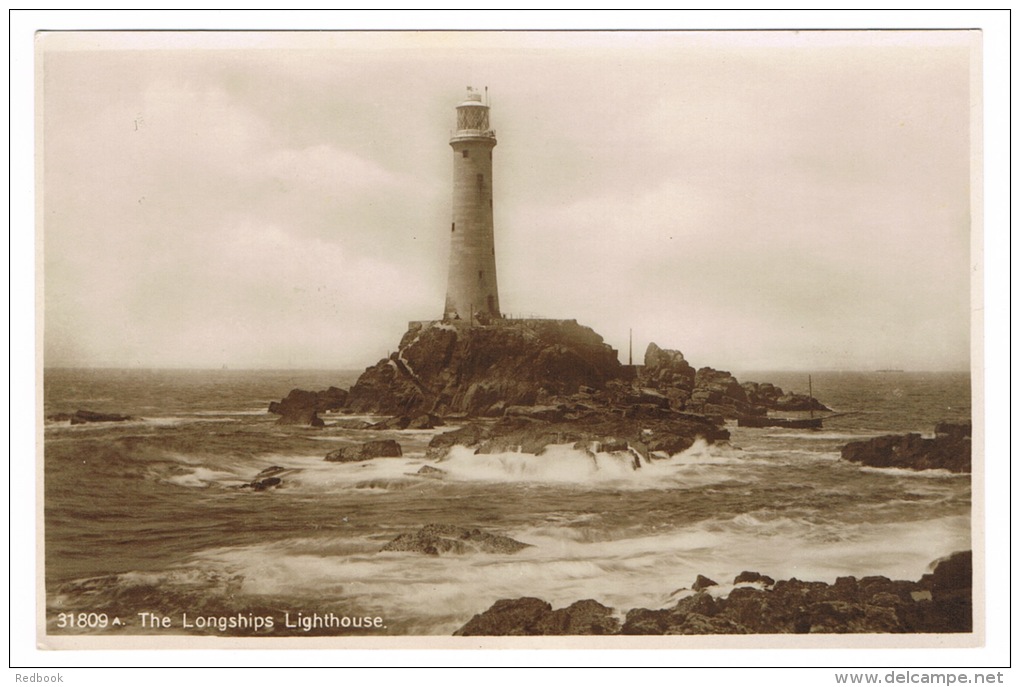 RB 1015 - Early Real Photo Postcard -  The Longships Lighthouse &amp; Purple Triangle Lands End Cachet - Cornwall - Lighthouses