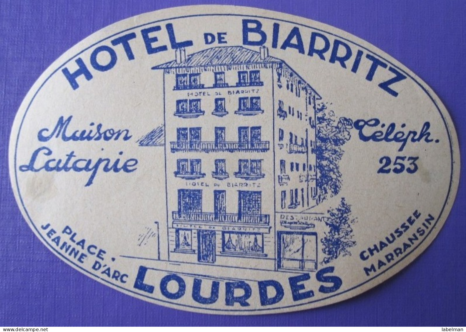 HOTEL AUBERGE MOTEL BIARRITZ LOURDES PARIS FRANCE DECAL STICKER VINTAGE LUGGAGE LABEL ETIQUETTE AUFKLEBER - Hotel Labels