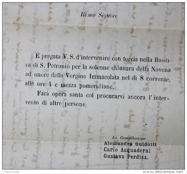 1871 BOLOGNA Società Della Gioventù Cattolica Circolo San Petronio - SOLENNE CHIUSURA DELLA NOVENA AD ONORE DELLA BEATA - Manoscritti