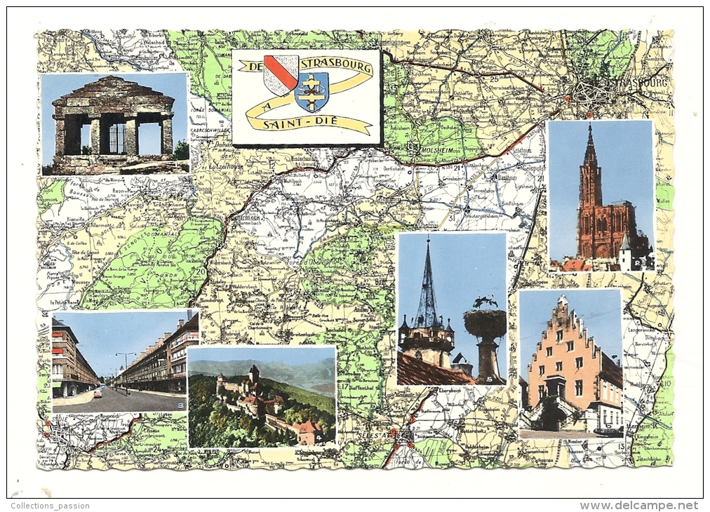 Cp, Carte Géographique, De Strasbourg à Saint-Dié, écrite - Landkarten