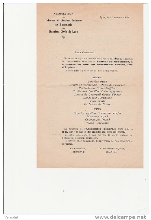 COMPTE RENDU ASSEMBLE E.GENERALE AVEC MENU -ANCIENS INTERNES EN PHARMACIE -HOSPICES CIVILS DE LYON -1931 - Menükarten