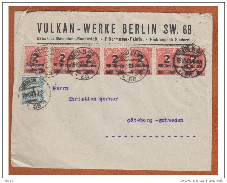 ## ALLEMAGNE ## PERIODE INFLATIONNISTE 10/1923 ## AFFRANCHISSEMENT A 15 MILLIONS DE MARK ## DE BERLIN POUR LA SUEDE ## - Briefe U. Dokumente