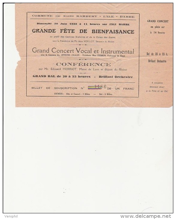 BILLET SOUSCRIPTION FETE DE BIENFAISANCE -1929- COMMUNE DE ST RAMBERT -L'ILE-BARBE-LYON - Tickets - Entradas