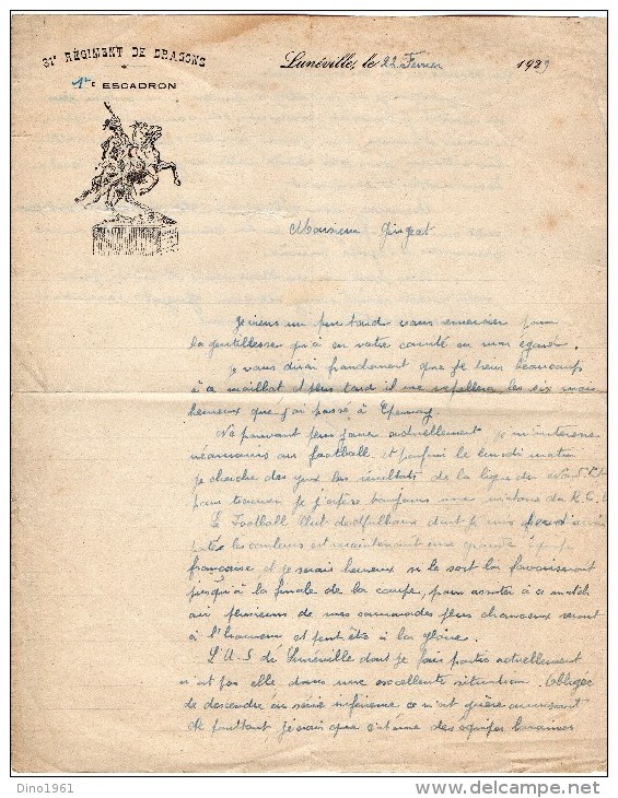 VP1352 - MILITARIA - Papier Lettre Du 31e Régiment De Dragons 1er Escadron à LUNEVILLE - Documenti