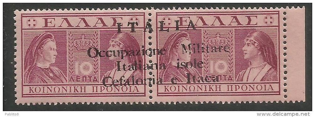 CEFALONIA E ITACA 1941 PREVIDENZA SOCIALE DEL 1939 COPPIA ORIZZONATALE HORIZONTAL PAIR 10 + 10 D MNH SIGNED FIRMATO - Cefalonia & Itaca