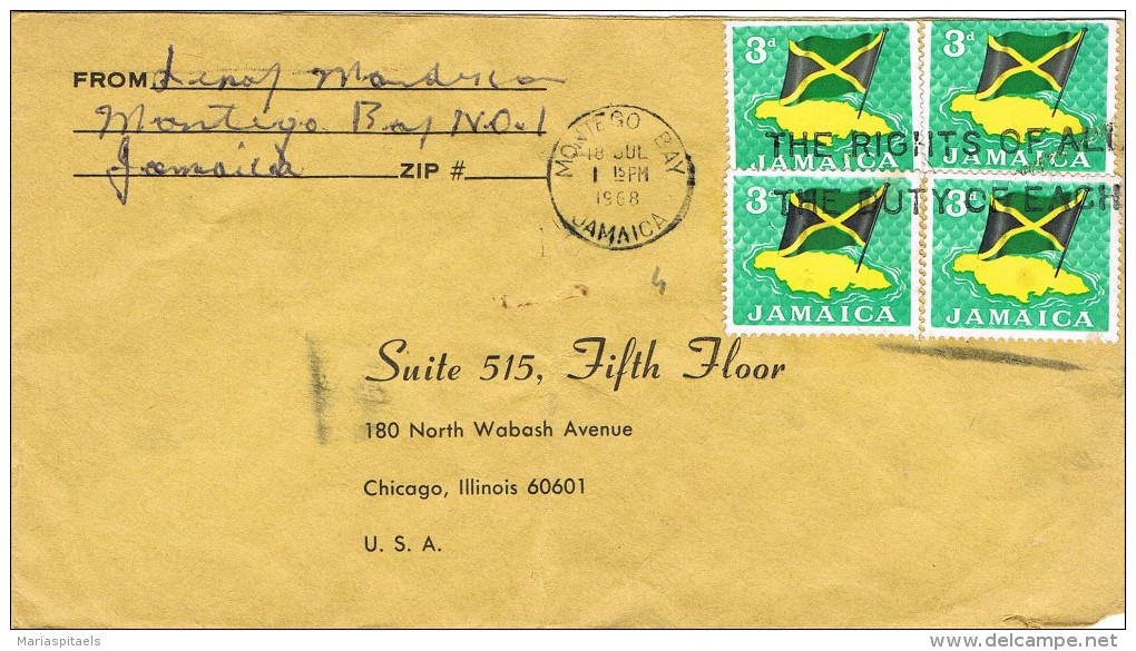 Jamaica 1968 Postal Cover Montego Bay - Chicago (USA) Jamaican Flag - Jamaique (1962-...)