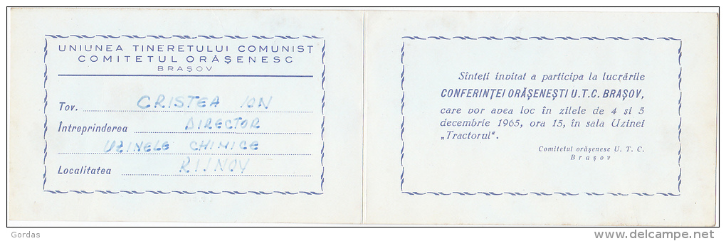 Romania - Brasov - U.T.C. - Communist Propaganda - Comunista - Invitation - Invitatie 1965 - Romania