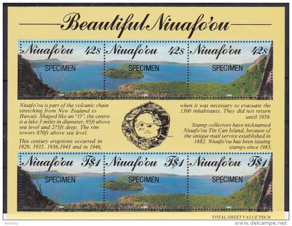 1990 Niuafoou Island (Tonga) - Crater Lake Sheet 6v., Overprinted SPECIMEN - Volcano Crater Filled With Water MNH - Tonga (1970-...)