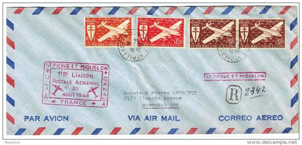 1948  Première Liaison Aérienne  SPM - Canada - USA   PA 4, 5, 6 X2 - Storia Postale