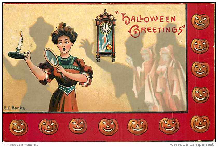 236121-Halloween, RK & Co No RKL01-5, Artist EC Banks, Woman Holding Mirror & Candle Scared By Ghosts, Embossed Litho - Halloween
