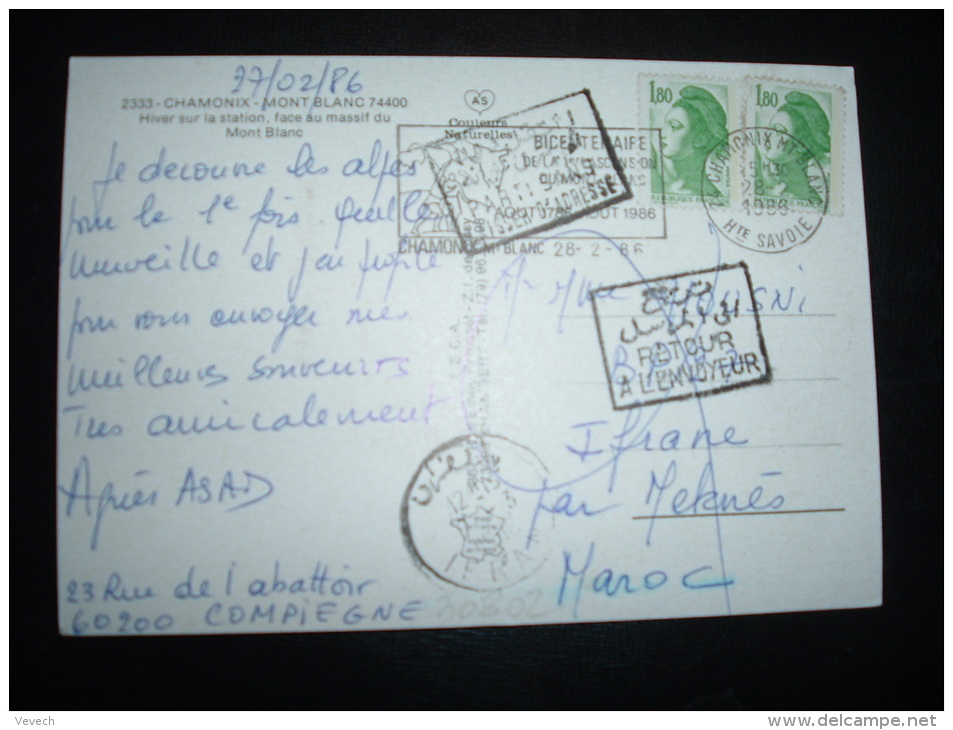 CP POUR MAROC TP LIBERTE DE GANDON 1,80 X2 OBL.MEC.28-2-1986 CHAMONIX MT BLANC (74) + GRIFFE RETOUR MAROC - 1982-1990 Liberté De Gandon