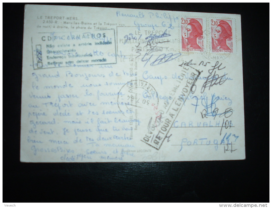 CP POUR PORTUGAL TP LIBERTE DE GANDON 2,10 X2 OBL.MEC.21-7-1984 LE TREPORT (76) + GRIFFE RETOUR - 1982-1990 Liberté De Gandon