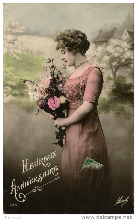 N°279 FFF 195 HEUREUX ANNIVERSAIRE 1912 FEMME ET FLEURS  MASEL 499 - Geburtstag