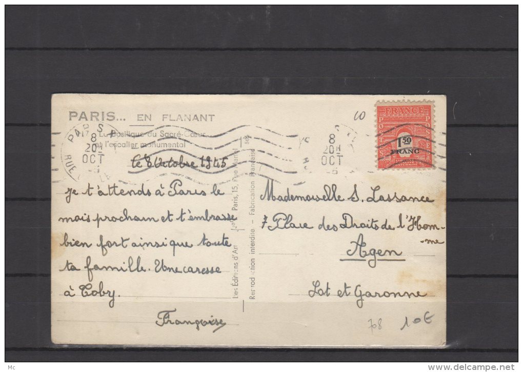France N° 708 Seul Obli/ Sur Carte Postale - 1945 - 1944-45 Arc De Triomphe