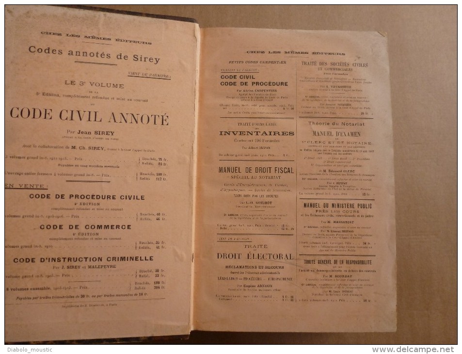 1913 : Codes Et Lois (Lois Et Décrets)pour La FRANCE , L´ALGERIE , Et Les COLONIES ...dos Cuir - 1901-1940