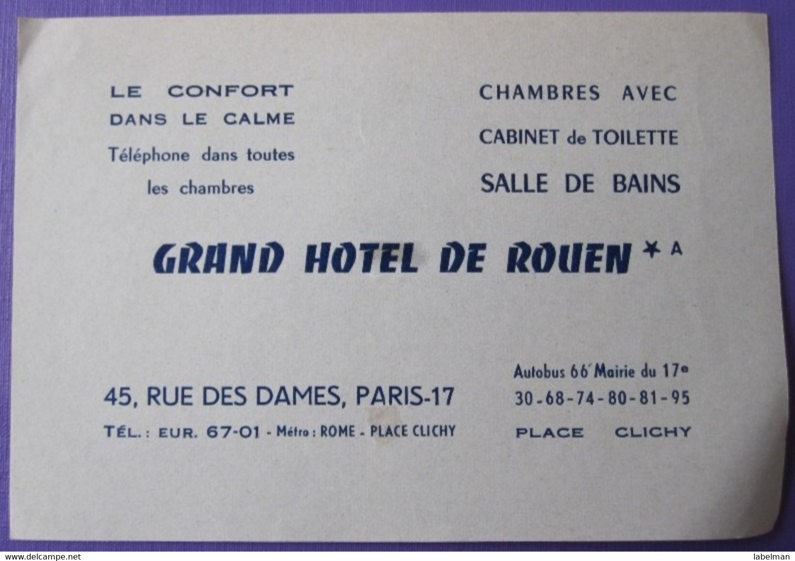 HOTEL AUBERGE RESIDENCE ROUEN DECAL PARIS FRANCE STICKER LUGGAGE LABEL ETIQUETA ETICHETTA ETIQUETTE AUFKLEBER - Hotel Labels