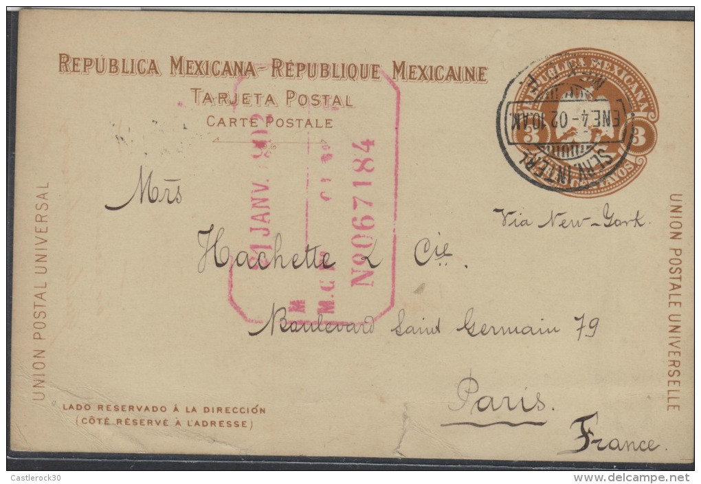 O) 1902 MEXICO, POSTAL, 3 CENTAVOS - COAT OF ARMS, TO PARIS. XF - Mexique