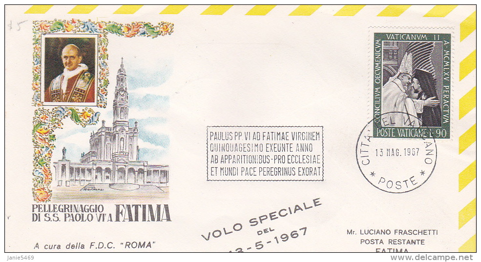 Vatican City 1967 Special Papal Flight To Fatima Souvenir Cover - Covers & Documents