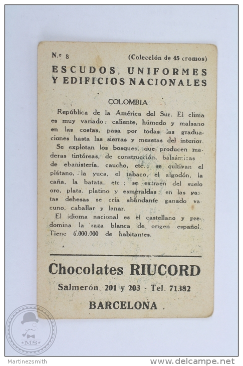 Old Trading Card/ Chromo, Military Uniforms, Coat Of Arms And National Buildings Of Colombia - Otros & Sin Clasificación