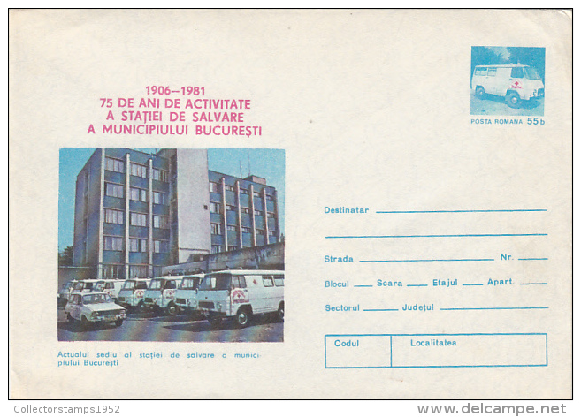 12374- BUCHAREST AMBULANCE SERVICE, CARS, COVER STATIONERY, 1981, ROMANIA - Secourisme