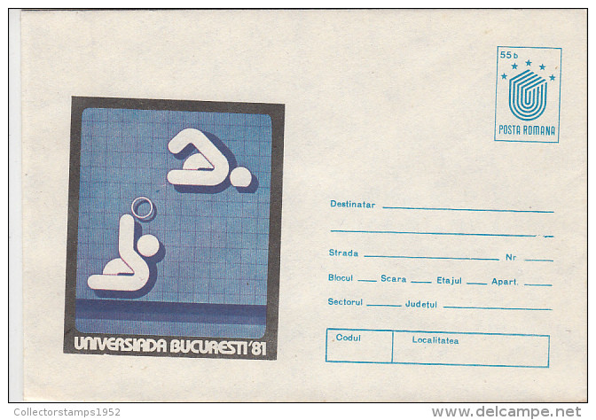 12518- WATER POLO, WORLD UNIVERSITY GAMES, COVER STATIONERY, 1981, ROMANIA - Water Polo