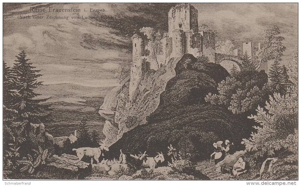 Litho Stich AK Erzgebirge Frauenstein Ruine Burg Nach Zeichnung Von Maler Ludwig Richter Bei Freiberg Dippoldiswalde - Frauenstein (Erzgeb.)