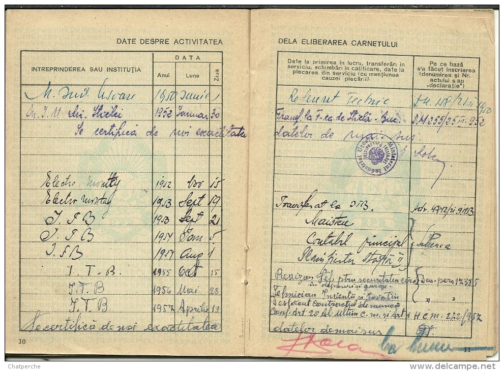 ROUMANIE REPUBLICA POPULARA  ROMANA CARNET DE MUNCA  1950 - Documents Historiques