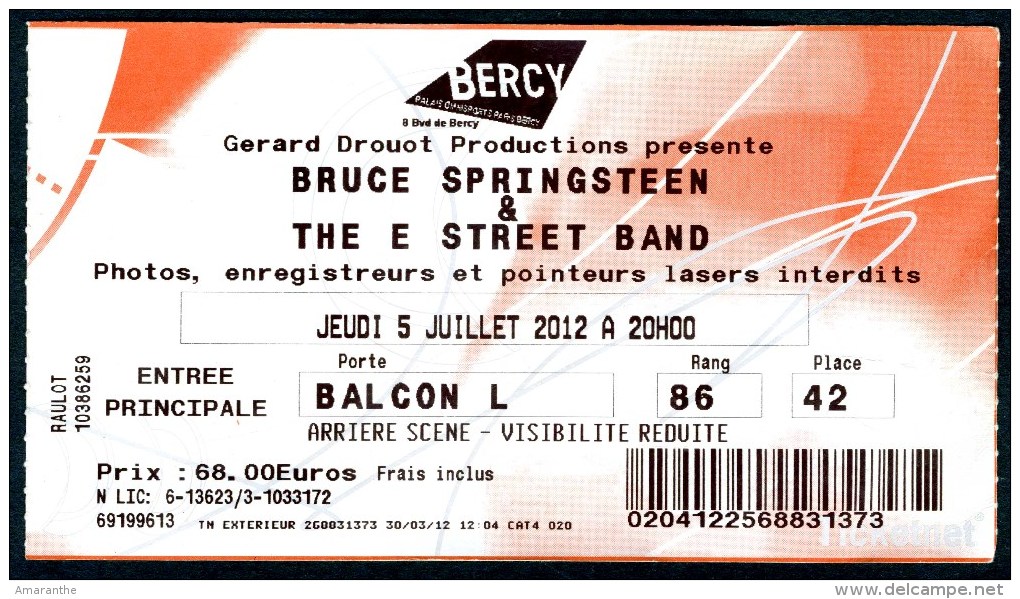 BRUCE SPRINGSTEEN - Tournée "Wrecking Ball" - Paris-Bercy 5/07/2012 - Entradas A Conciertos