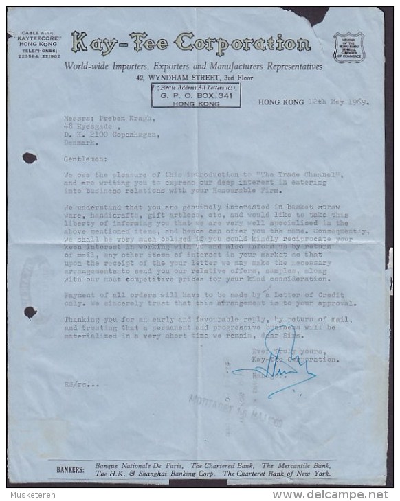 Hong Kong By Airmail Par Avion Air Letter Aerogramme KAY-TEE Corp. HONG KONG 1969 To Denmark (2 Scans) - Cartas & Documentos