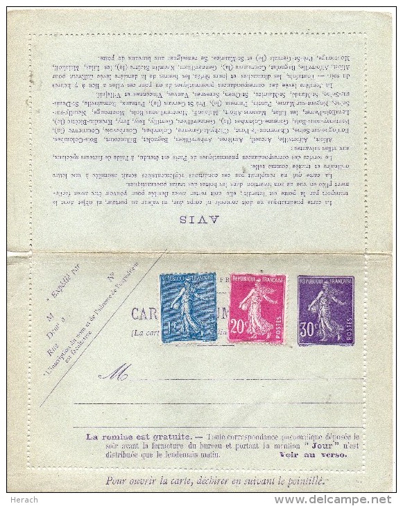 FRANCE ENTIER POSTAL CARTE LETTRE DOUBLE 30c VIOLET TYPE SEMEUSE - Pneumatic Post