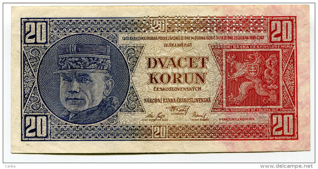 Tchécoslovaquie Czechoslovakia 20 Korun 1926 SPECIMEN - Tchécoslovaquie