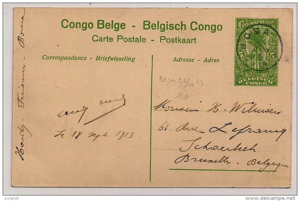 Congo Belge, Carte Postale, Le Fleuve Congo à Sendwe, 5 C., Boma, 18-9-13 - Entiers Postaux