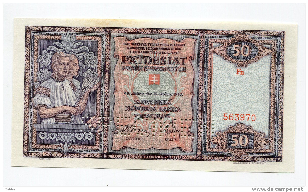 Slovaquie Slovakia 50 Korun 1940 "" SPECIMEN "" UNC # 2 - Slovaquie