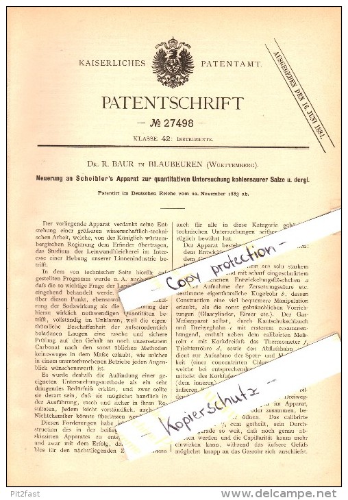 Original Patent - Dr. R. Baur In Blaubeuren , 1883 , Scheibler's Apparat Zur Untersuchung Von Salz !!! - Blaubeuren