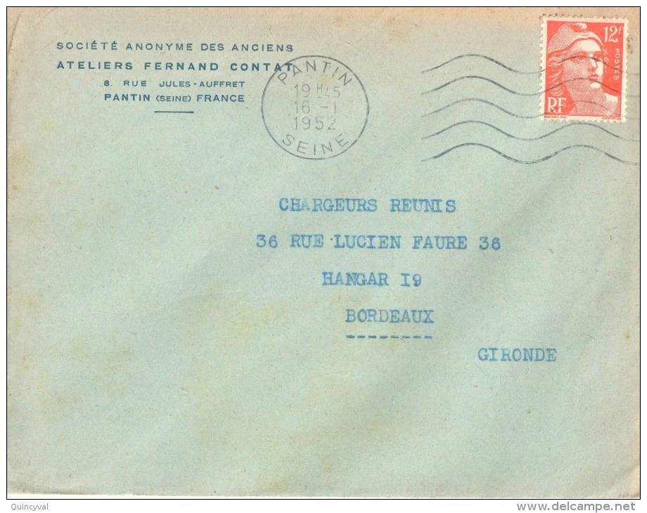 3101 PANTIN Seine Lettre Entête Ateliers Fernand CONTAT Gandon 12 F Orange Yv 885 Ob 16 1 1952 - Storia Postale