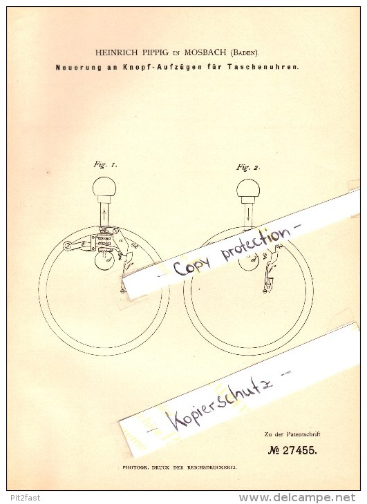 Original Patent - Heinrich Pippig In Mosbach , 1883 , Knopf-Aufzug Für Taschenuhren , Uhrmacher , Uhr !!! - Mosbach